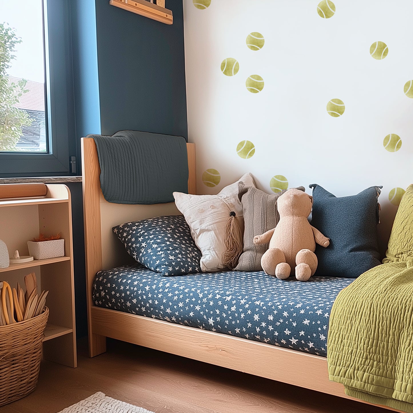 Watercolor tennis balls wall decals by Mej Mej are placed in a loose toss pattern on the wall behind a modern twin bed with navy sheets and chartreuse quilt in a kids’ room.