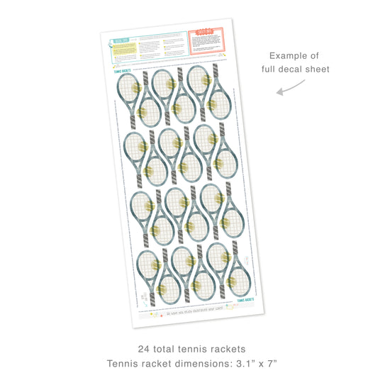 Example of full decal sheet showing 24 total tennis racket decals with dimensions for each of 3.1 inches by 7 inches. Sheet includes decal tips and safety info.