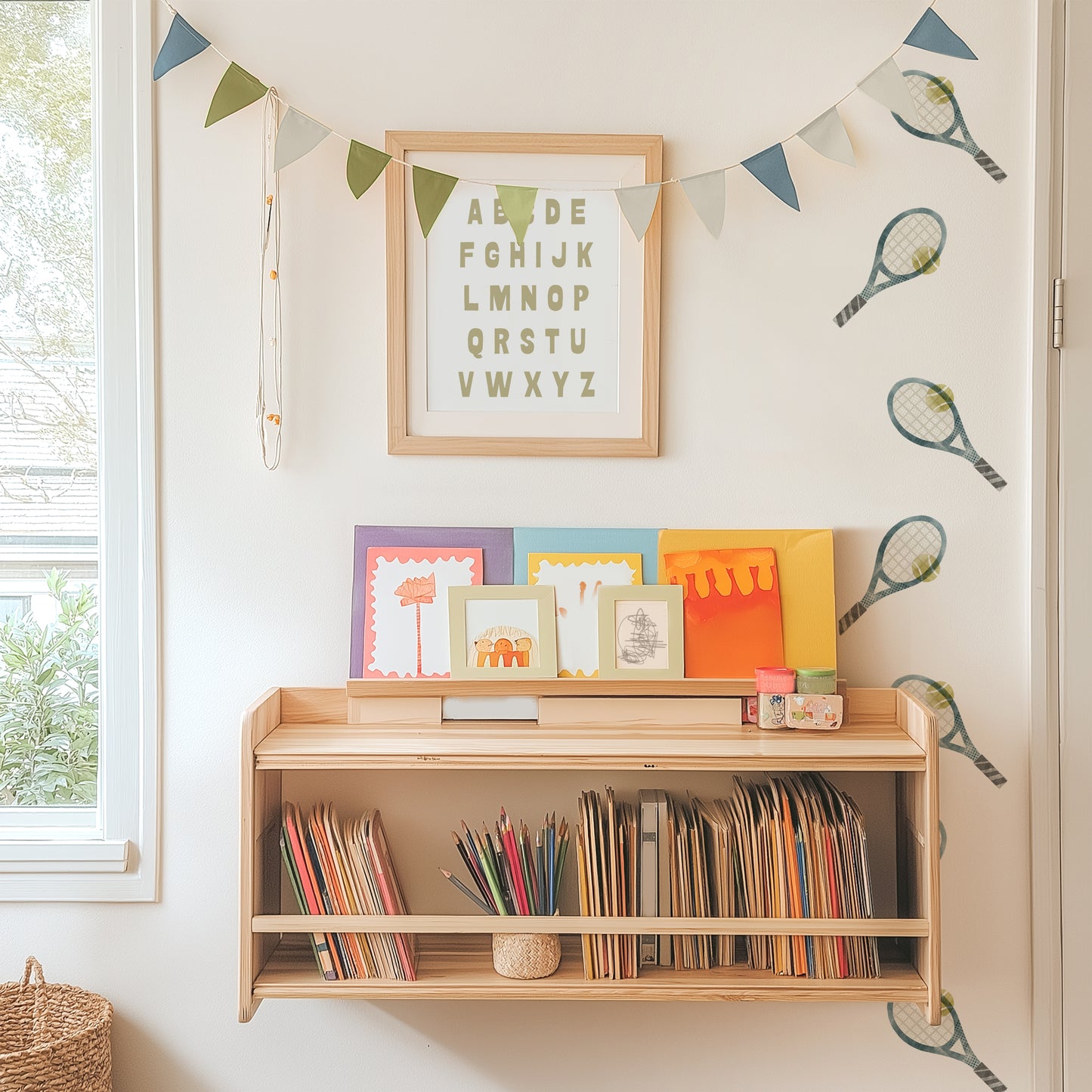 Watercolor tennis rackets wall decals adorn a wall behind a bookshelf with books, art supplies and kids’ artwork displayed.