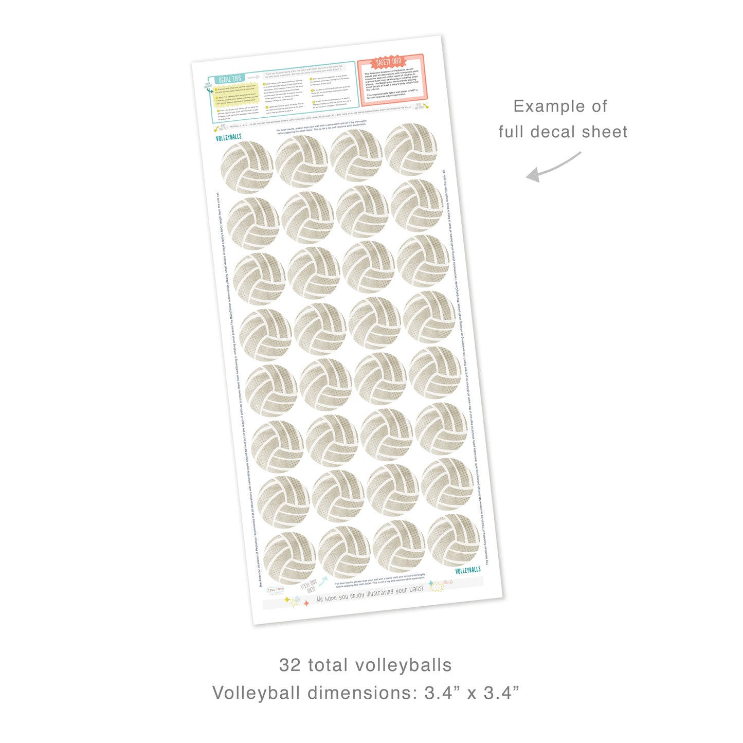 Example of full decal sheet showing 32 total volleyball decals with dimensions for each of 3.4 inches in diameter. Sheet includes decal tips and safety info