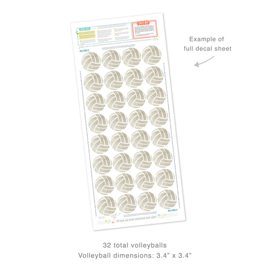 Example of full decal sheet showing 32 total volleyball decals with dimensions for each of 3.4 inches in diameter. Sheet includes decal tips and safety info